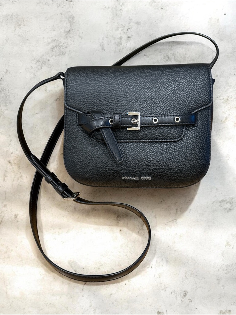 Michael Kors Kent Black Pebbled Leather Belt-Detail Crossbody